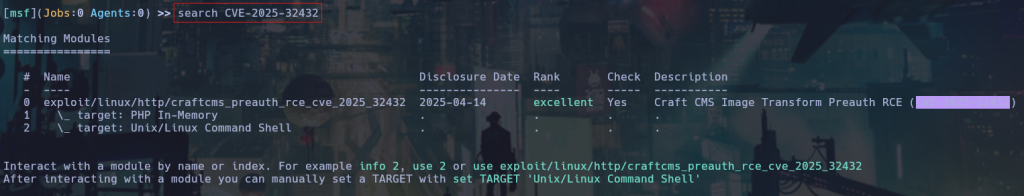 Búsqueda del CVE-2025-32432 en Metasploit